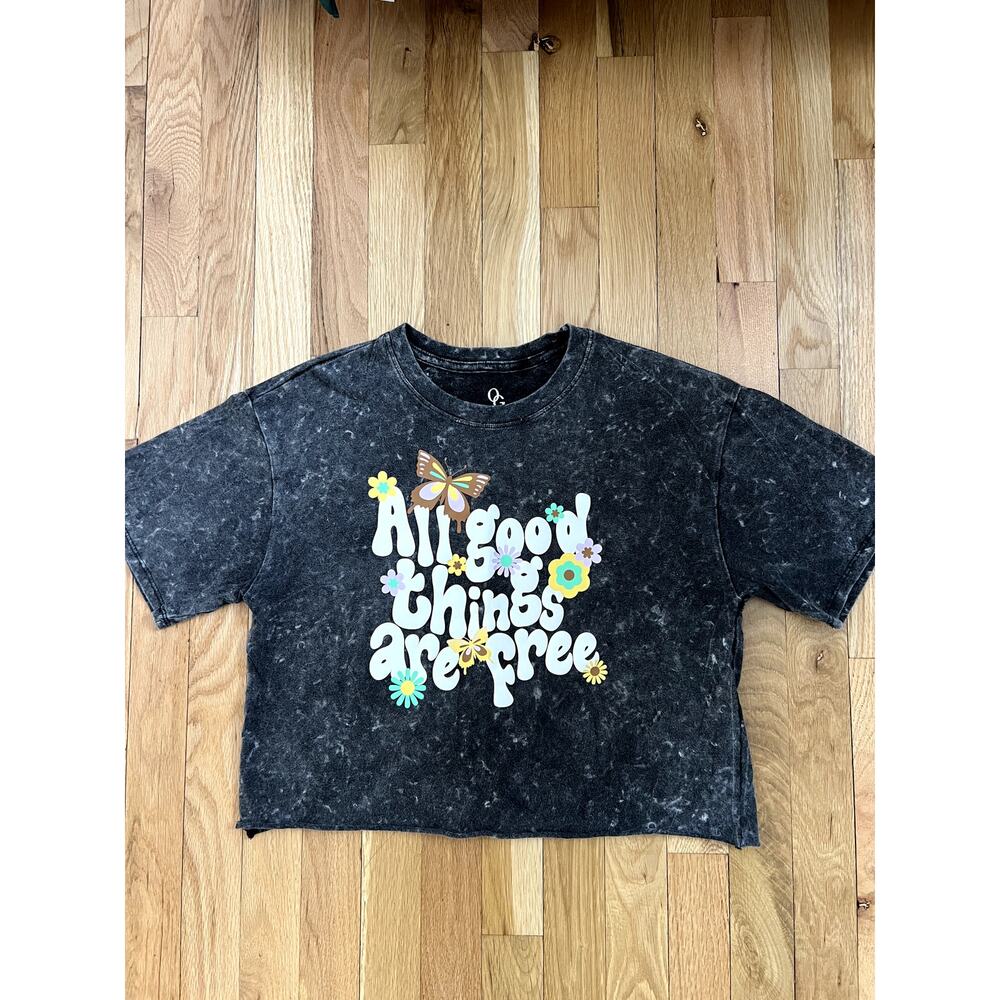 Organic Generation Graphic Retro Gray Acid Wash Crop T-Shirt Teen (size M)